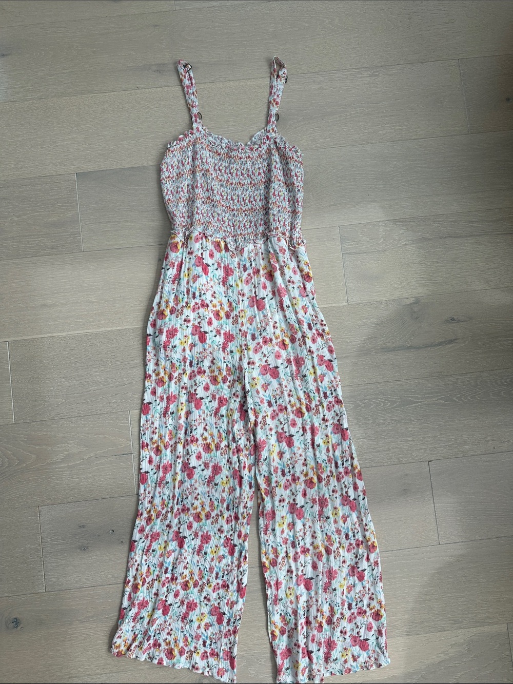 Blue Rain Pink & White Floral Smocked Jumpsuit